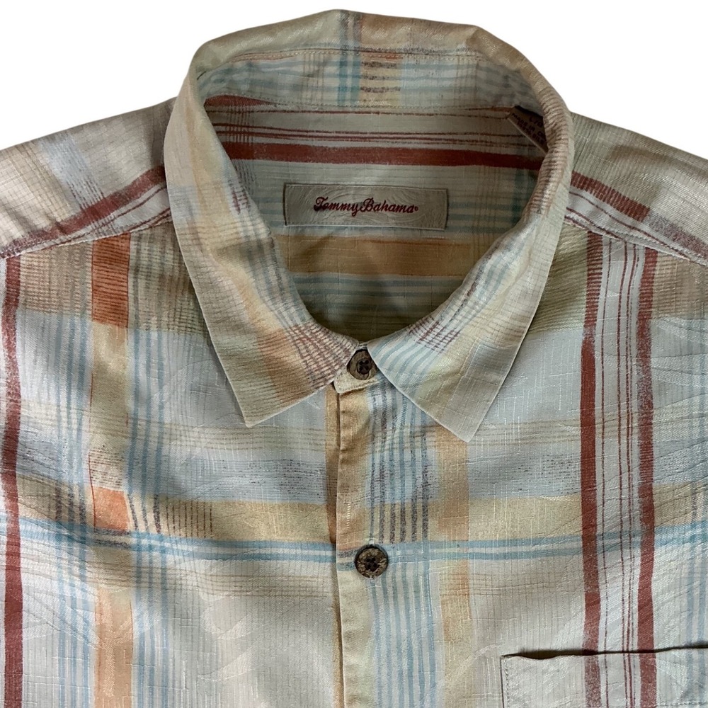 Tommy Bahama Mens Silk Plaid Tropical Leaf Jacquard Camp Shirt Orange Blue XL